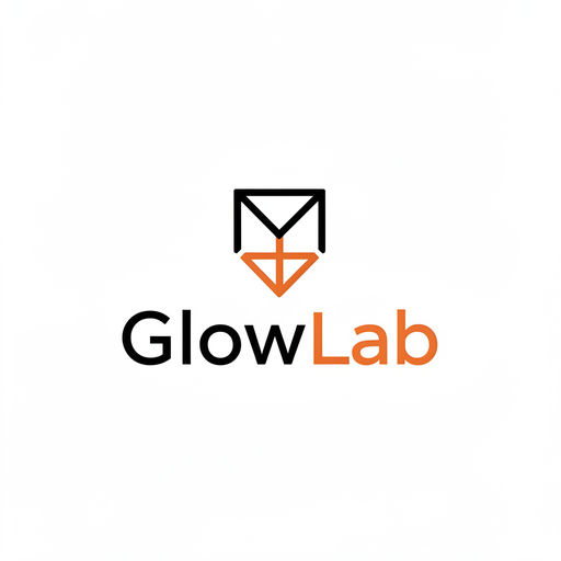 Logo de demostración «GlowLab», versión minimalista: un símbolo geométrico negro y naranja sobre el nombre a dos colores