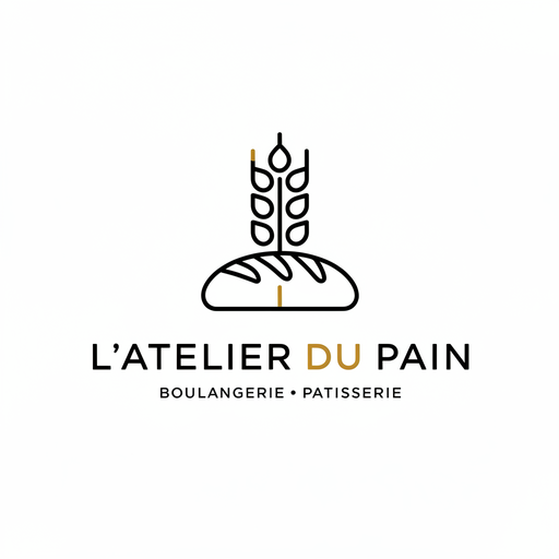 Logo L'Atelier du Pain: eine Weizenähre in schwarzer Linie über einem Brotlaib, Name in Großbuchstaben mit Zusatz Bäckerei und Konditorei