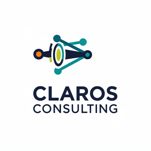 Demo-Logo „Claros Consulting“, illustrierte Version: ein Netzwerk verbundener Punkte um eine Linse über dem Namen in kräftigen Versalien