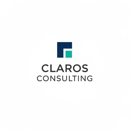 Demo-Logo „Claros Consulting“, minimalistische Version: ein geometrisches Quadrat in Marineblau und Türkis über dem Namen in Versalien