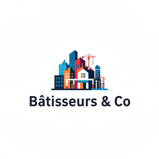 Logo de demostración «Bâtisseurs & Co», versión ilustrada: una ciudad colorida con grúa, ventanas y edificios sobre el nombre