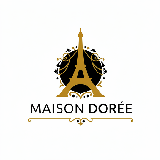 Logo de demostración «Maison Dorée», versión ilustrada: una torre Eiffel ornamentada negra y dorada sobre el nombre