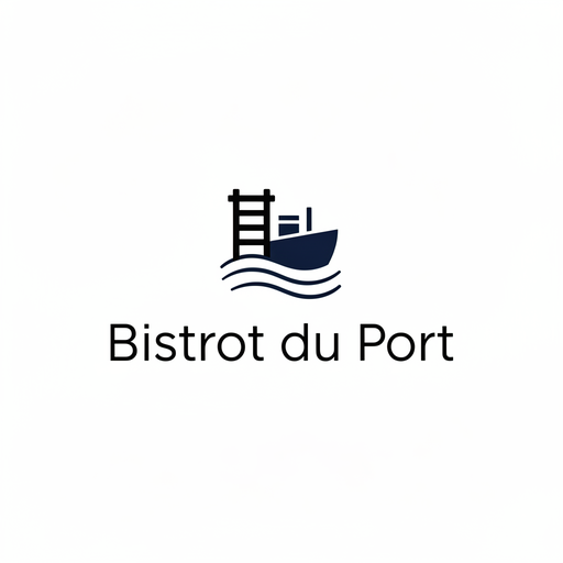Logo Bistrot du Port, minimalistische Version: ein kleines Boot auf stilisierten Wellen in marineblauer Linie über dem Namen in schlichten Buchstaben