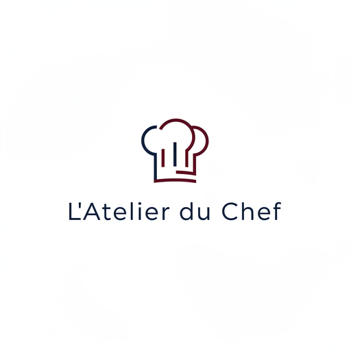 Logo L'Atelier du Chef, minimalistische Version: eine Kochmütze in bordeauxroter Linie über dem Namen in feinen Großbuchstaben