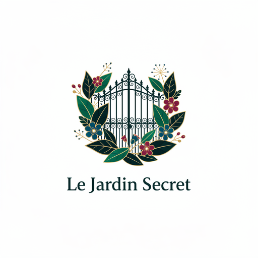 Logo Le Jardin Secret, illustrierte Version: ein schmiedeeisernes Tor in einem Kranz aus grünen Blättern und Blüten, Name in dunkelgrüner Serifenschrift