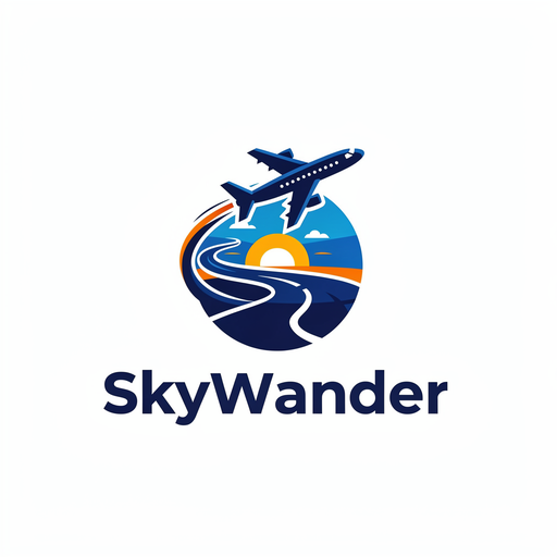 Demo-Logo „SkyWander“, illustrierte Version: ein Flugzeug über einer kurvigen Straße und einem Sonnenuntergang in einem Kreis über dem Namen